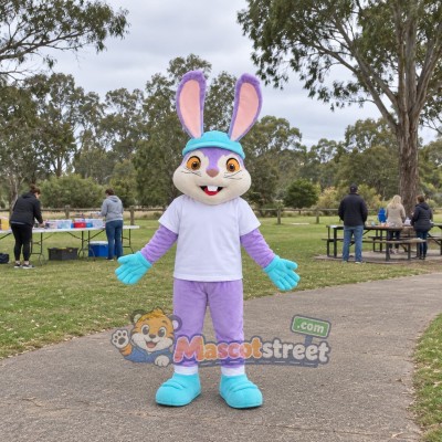 Purple Rabbit Mascot Costume with White Shirt and Aqua Cap Purple Rabbit Mascot Costume with White Shirt and Aqua Cap