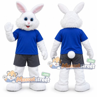 White Rabbit Mascot Costume with Blue Shirt