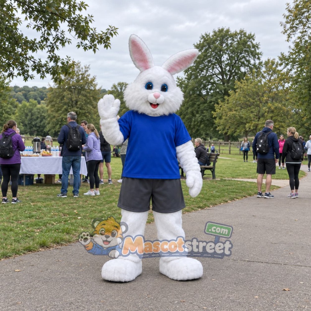 White Rabbit Mascot Costume with Blue Shirt