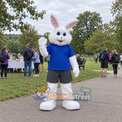 White Rabbit Mascot Costume with Blue Shirt