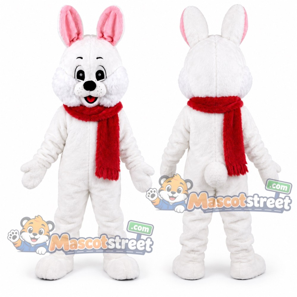 White Rabbit Mascot Costume with Red Scarf White Rabbit Mascot Costume with Red Scarf