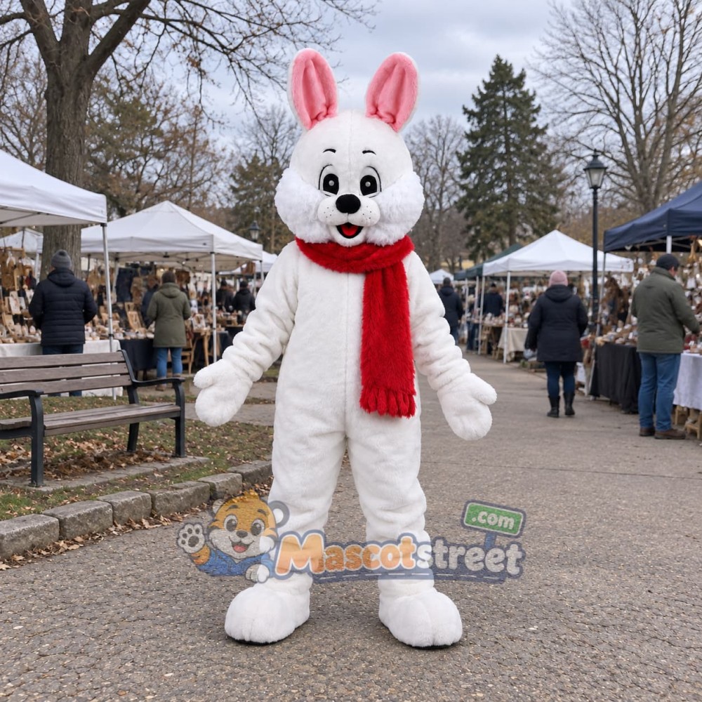 White Rabbit Mascot Costume with Red Scarf White Rabbit Mascot Costume with Red Scarf