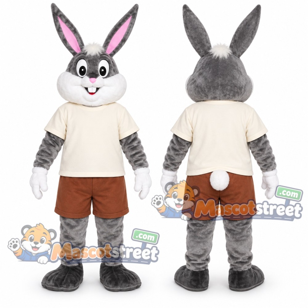 Gray Rabbit Mascot Costume with Cream Shirt Gray Rabbit Mascot Costume with Cream Shirt