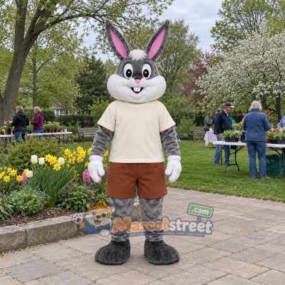 Gray Rabbit Mascot Costume with Cream Shirt Gray Rabbit Mascot Costume with Cream Shirt