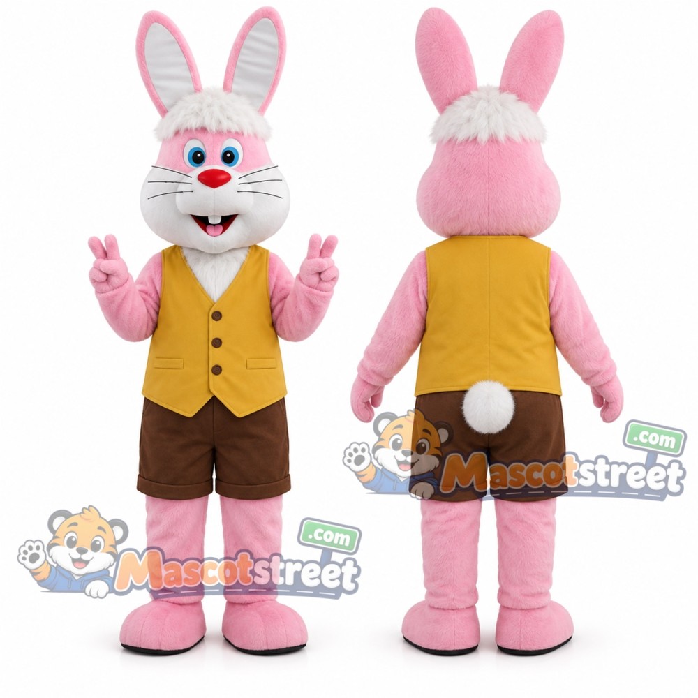 Pink Rabbit Mascot Costume with Yellow Vest