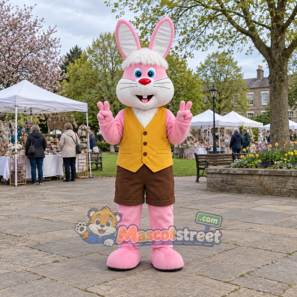 Pink Rabbit Mascot Costume with Yellow Vest