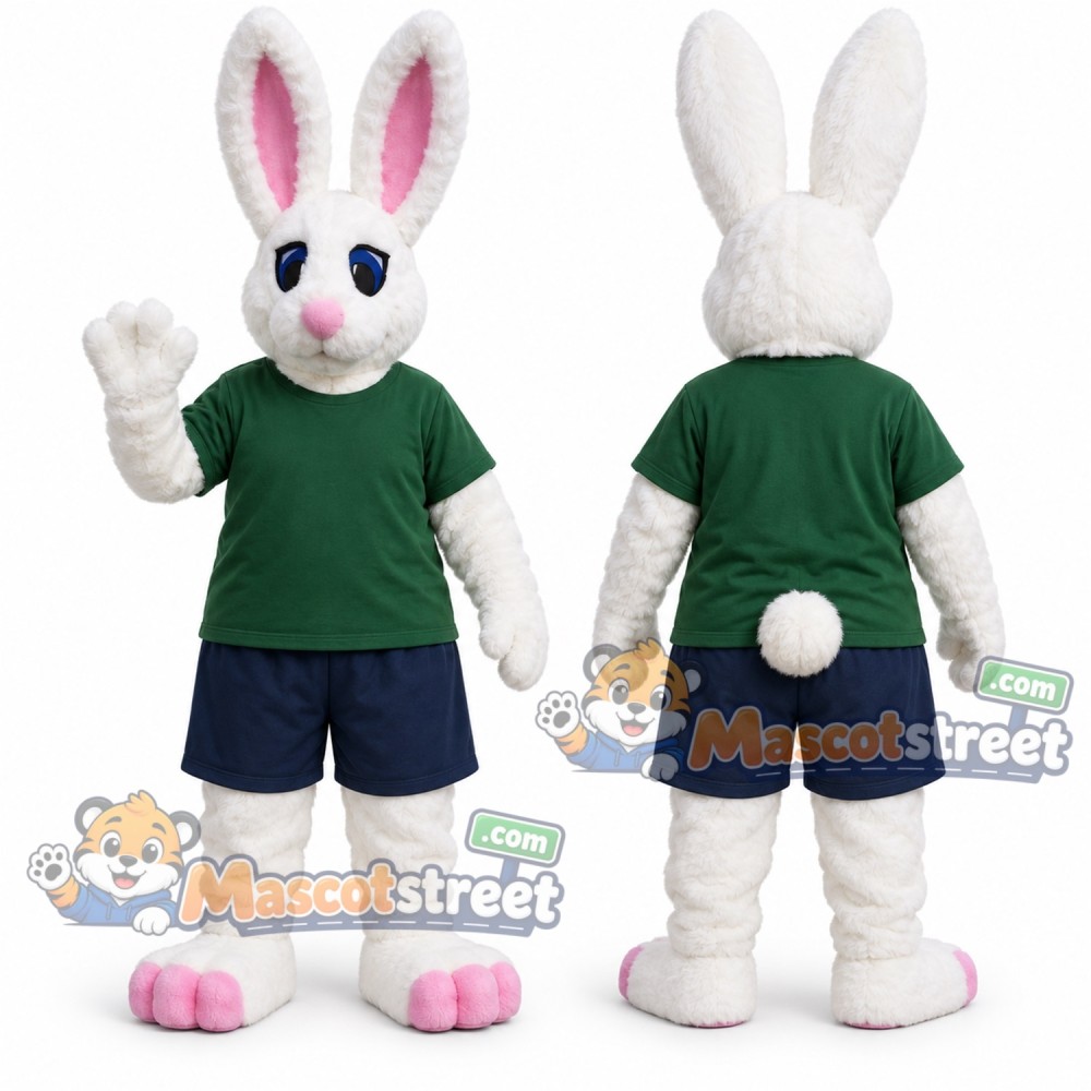 White Rabbit Mascot Costume with Green Shirt