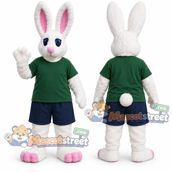 White Rabbit Mascot Costume with Green Shirt