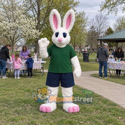 White Rabbit Mascot Costume with Green Shirt