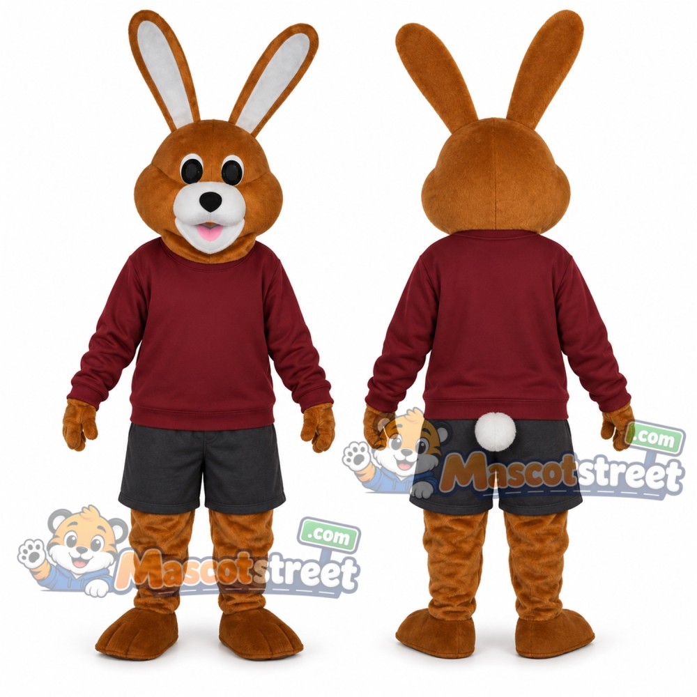 Brown Rabbit Mascot Costume with Burgundy Sweatshirt Brown Rabbit Mascot Costume with Burgundy Sweatshirt
