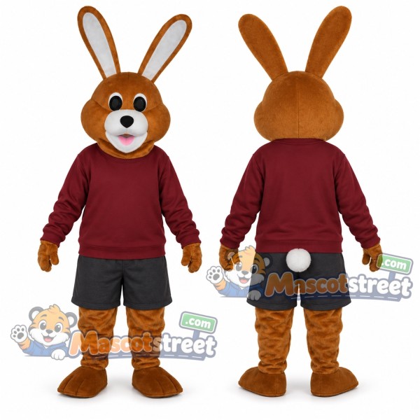 Brown Rabbit Mascot Costume with Burgundy Sweatshirt