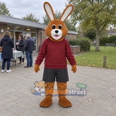 Brown Rabbit Mascot Costume with Burgundy Sweatshirt Brown Rabbit Mascot Costume with Burgundy Sweatshirt