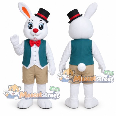 White Rabbit Mascot Costume with Teal Vest and Black Top Hat White Rabbit Mascot Costume with Teal Vest and Black Top Hat