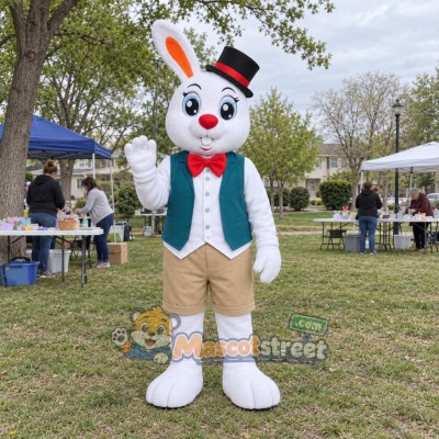 White Rabbit Mascot Costume with Teal Vest and Black Top Hat White Rabbit Mascot Costume with Teal Vest and Black Top Hat