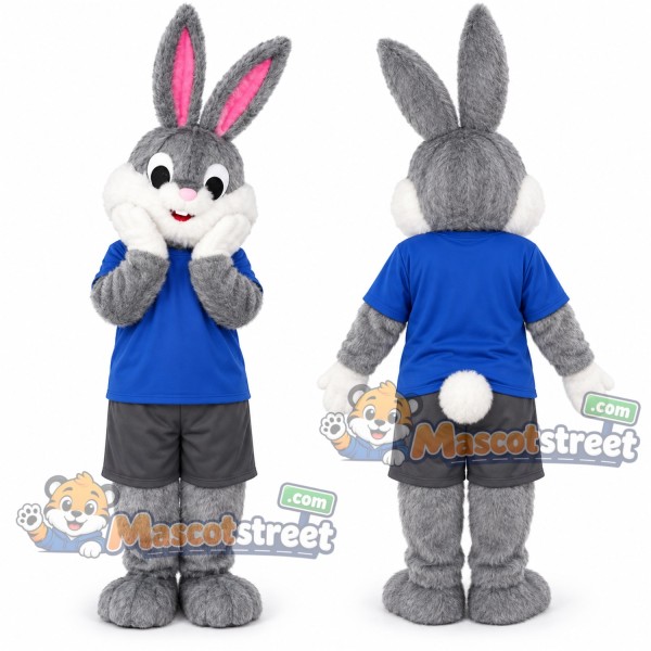 Gray Rabbit Mascot Costume with Blue Shirt