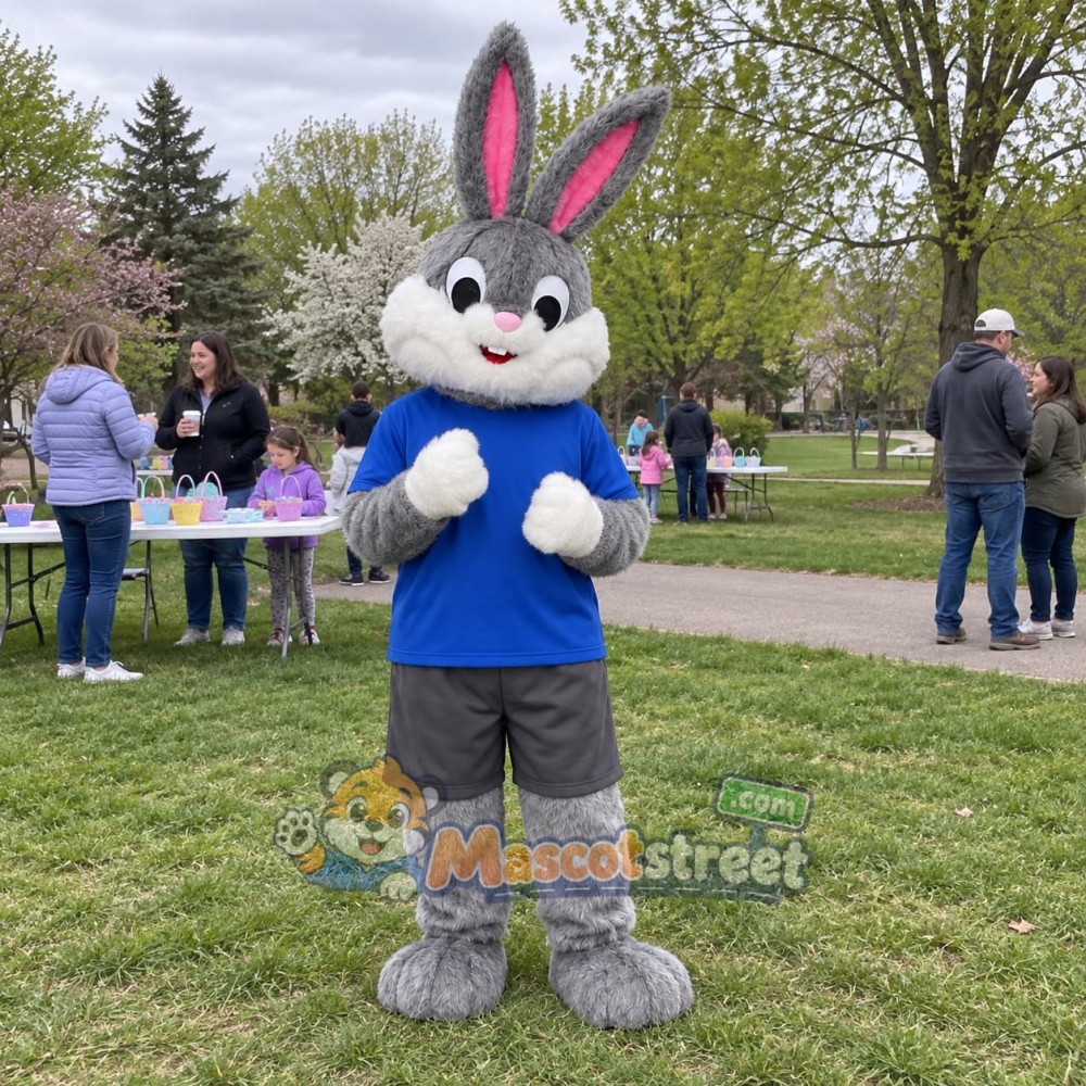Gray Rabbit Mascot Costume with Blue Shirt
