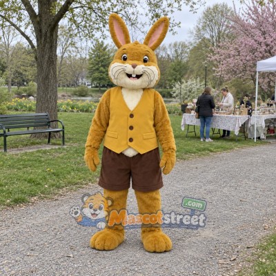 Golden Rabbit Mascot Costume with Yellow Vest Golden Rabbit Mascot Costume with Yellow Vest