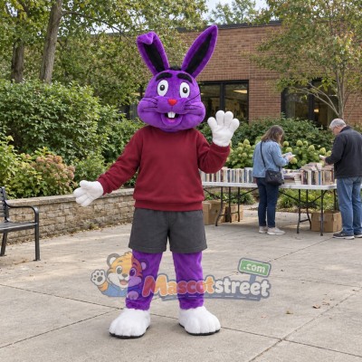 Purple Rabbit Mascot Costume with Burgundy Sweatshirt