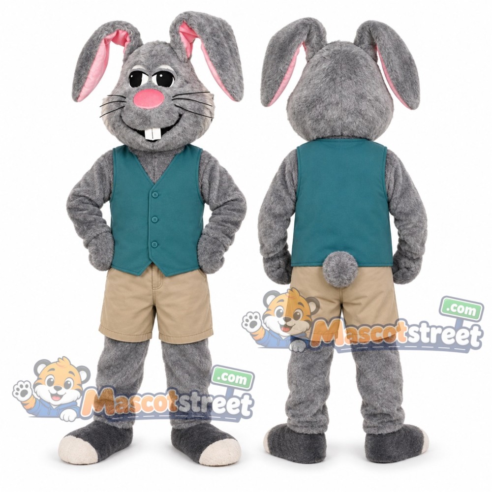 Gray Rabbit Mascot Costume with Teal Vest