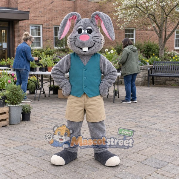 Gray Rabbit Mascot Costume with Teal Vest