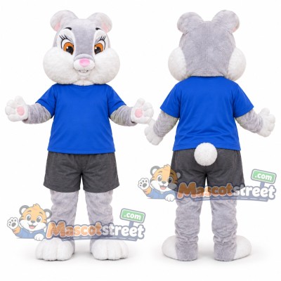 Gray Rabbit Mascot Costume with Blue Shirt