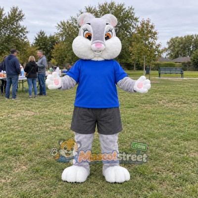 Gray Rabbit Mascot Costume with Blue Shirt