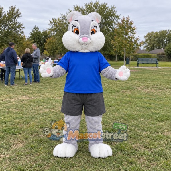 Gray Rabbit Mascot Costume with Blue Shirt