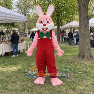 Pink Rabbit Mascot Costume with Red Overalls