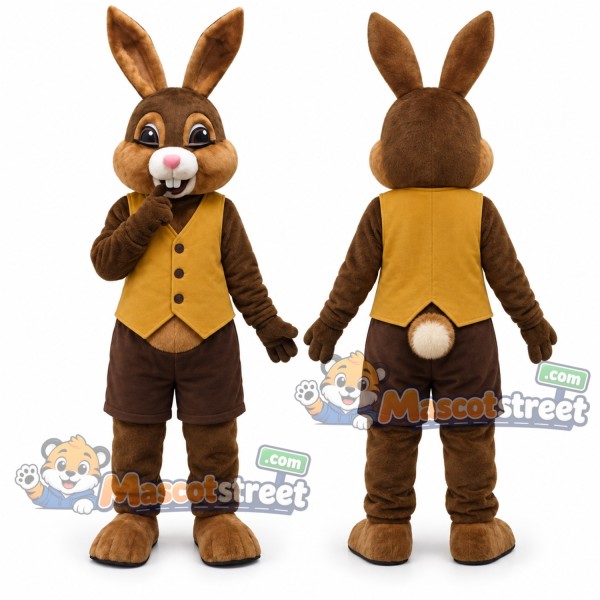 Brown Rabbit Mascot Costume with Yellow Vest