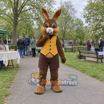 Brown Rabbit Mascot Costume with Yellow Vest Brown Rabbit Mascot Costume with Yellow Vest