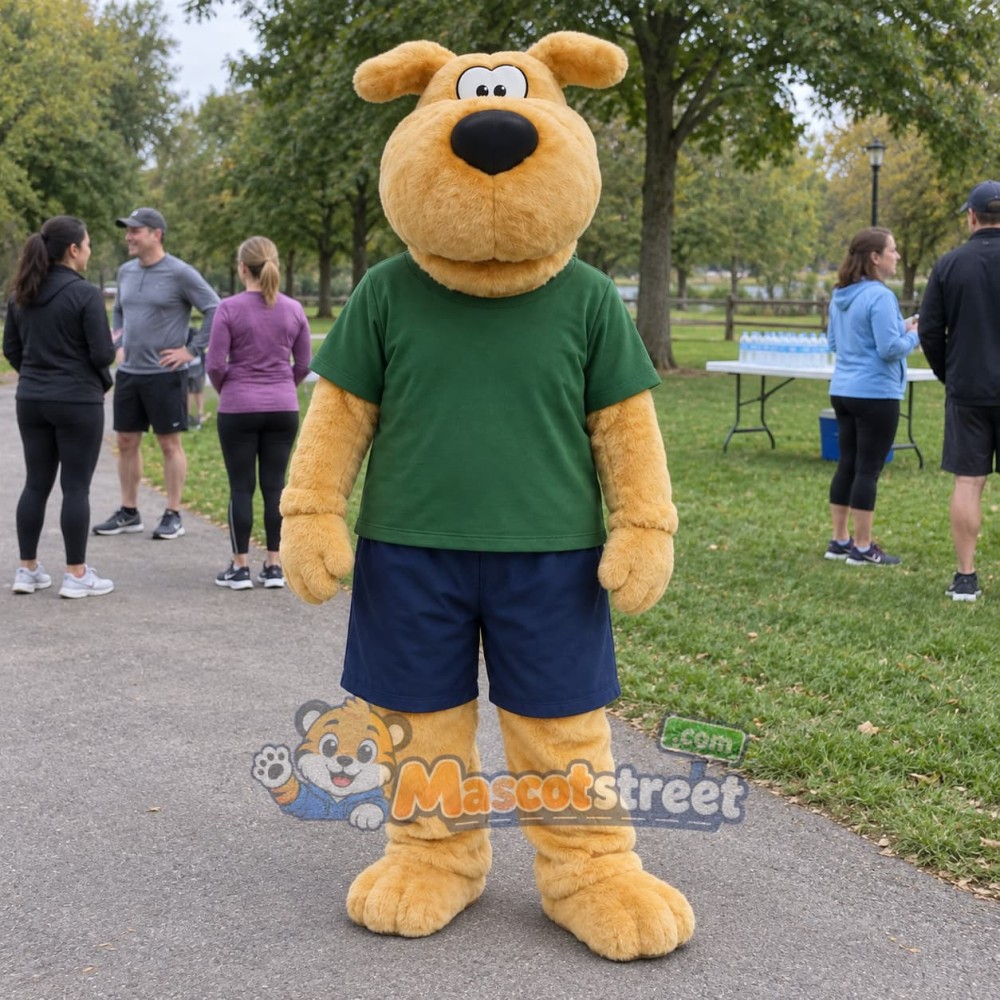 Tan Dog Mascot Costume with Green Shirt