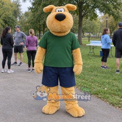 Tan Dog Mascot Costume with Green Shirt