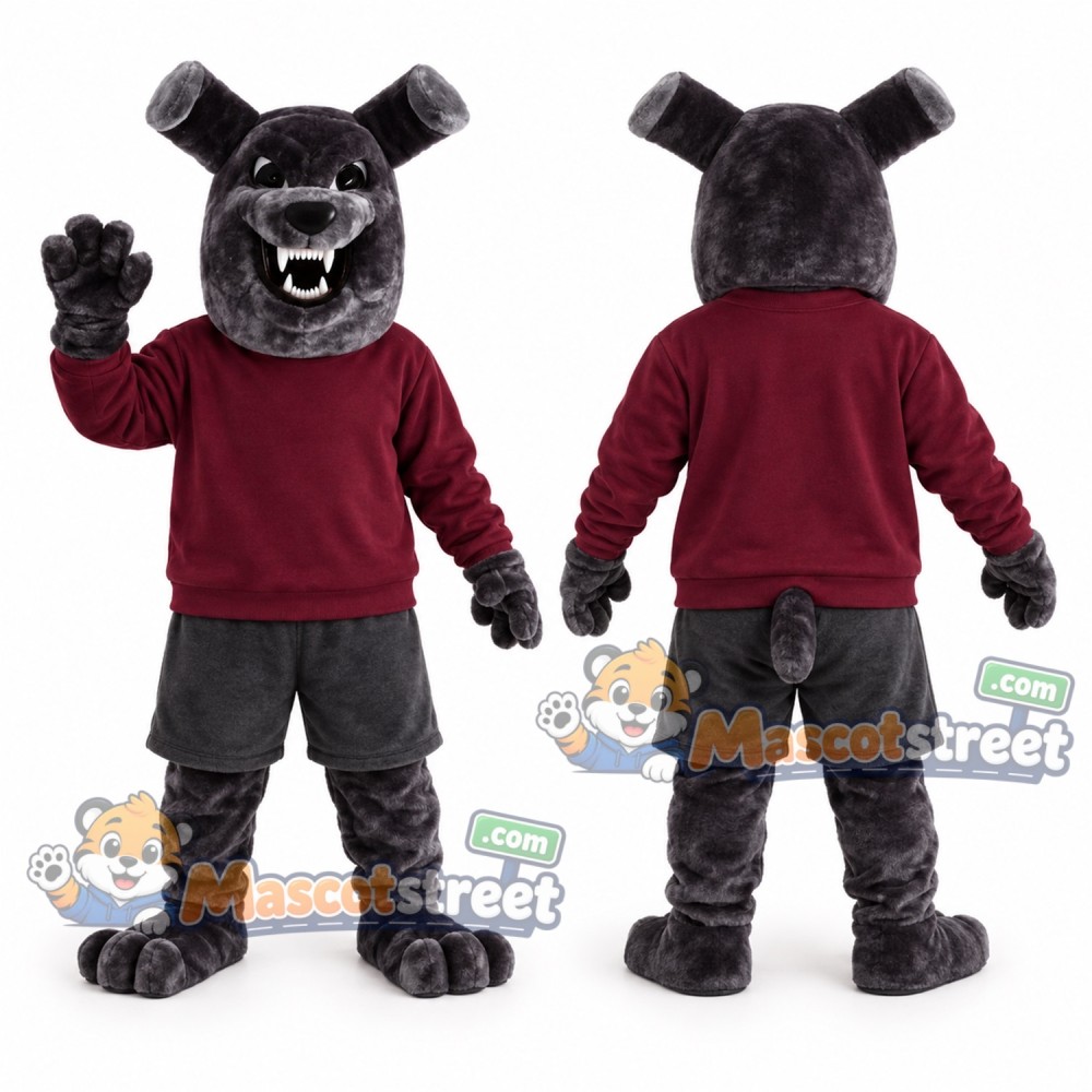 Black Bulldog Mascot Costume with Burgundy Sweatshirt