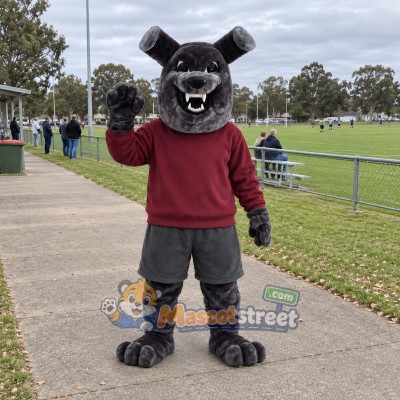 Black Bulldog Mascot Costume with Burgundy Sweatshirt