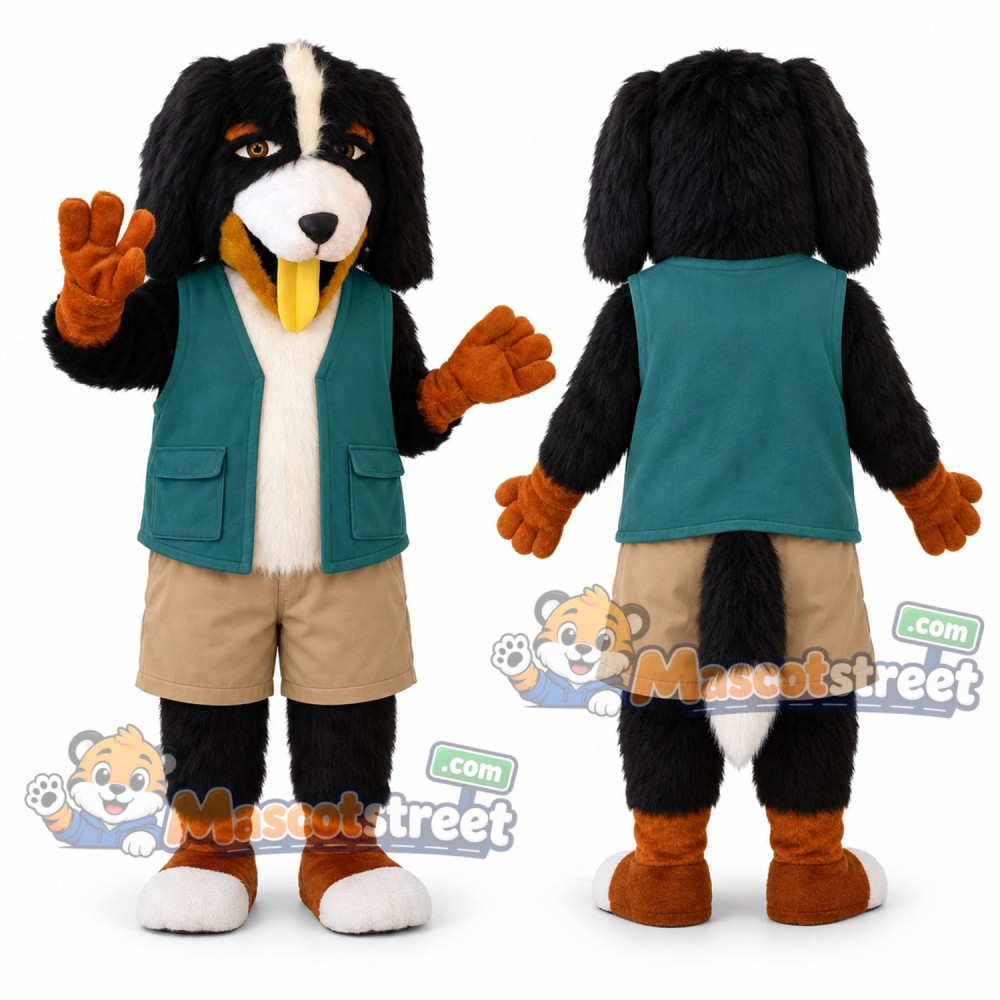 Black and Brown Dog Mascot Costume with Teal Vest Black and Brown Dog Mascot Costume with Teal Vest