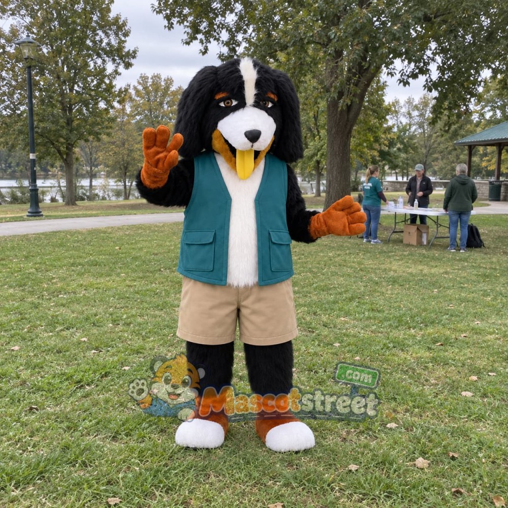 Black and Brown Dog Mascot Costume with Teal Vest Black and Brown Dog Mascot Costume with Teal Vest