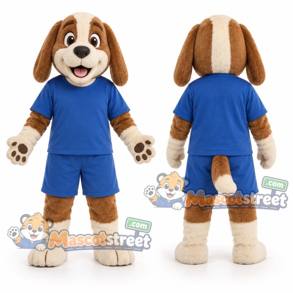 Brown and White Dog Mascot Costume with Blue Shirt