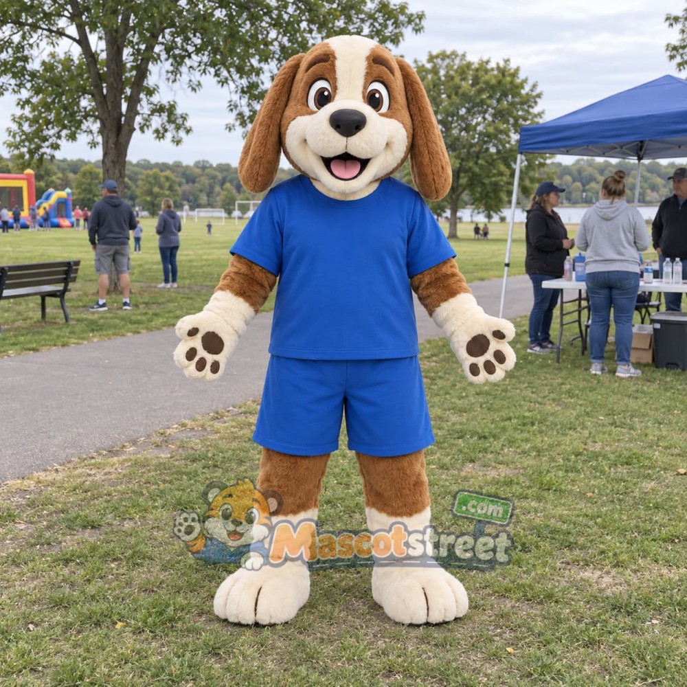 Brown and White Dog Mascot Costume with Blue Shirt