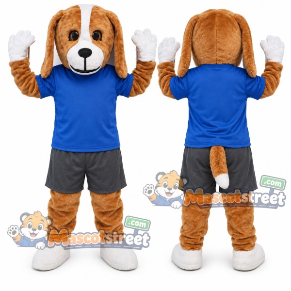 Brown and White Beagle Mascot Costume with Blue Shirt