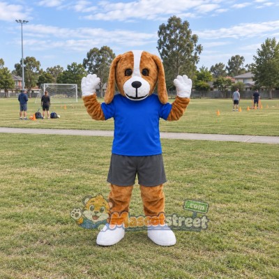 Brown and White Beagle Mascot Costume with Blue Shirt Brown and White Beagle Mascot Costume with Blue Shirt