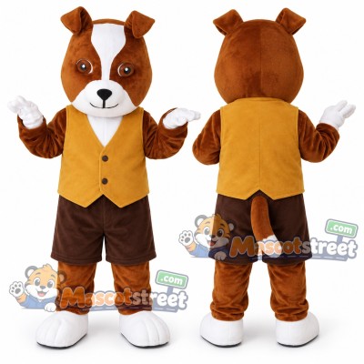 Brown and White Hound Mascot Costume with Yellow Vest