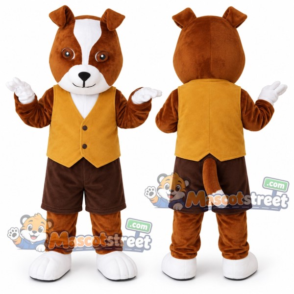 Brown and White Hound Mascot Costume with Yellow Vest
