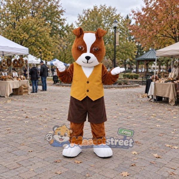 Brown and White Hound Mascot Costume with Yellow Vest