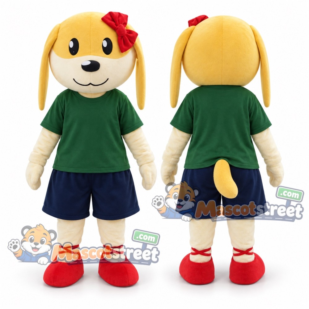 Yellow Dog Mascot Costume with Green Shirt and Red Bow Yellow Dog Mascot Costume with Green Shirt and Red Bow