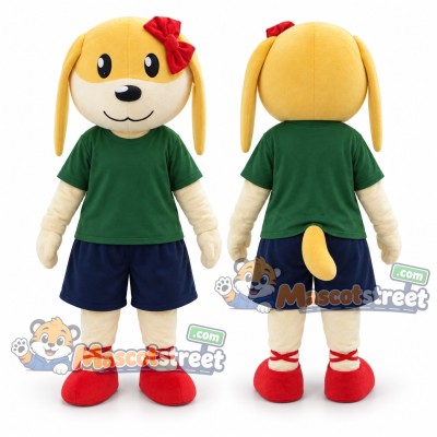 Yellow Dog Mascot Costume with Green Shirt and Red Bow Yellow Dog Mascot Costume with Green Shirt and Red Bow