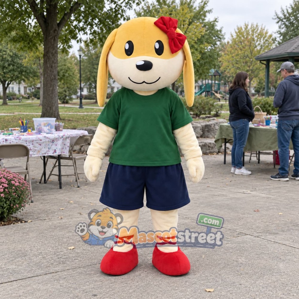 Yellow Dog Mascot Costume with Green Shirt and Red Bow Yellow Dog Mascot Costume with Green Shirt and Red Bow