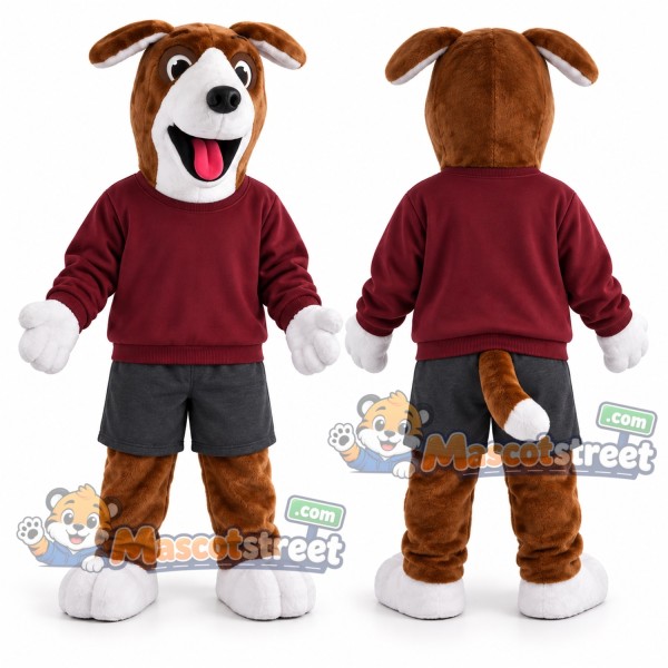 Brown and White Beagle Mascot Costume with Burgundy Sweatshirt