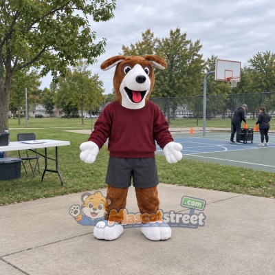 Brown and White Beagle Mascot Costume with Burgundy Sweatshirt Brown and White Beagle Mascot Costume with Burgundy Sweatshirt
