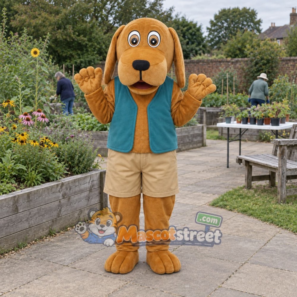 Tan Dog Mascot Costume with Teal Vest Tan Dog Mascot Costume with Teal Vest
