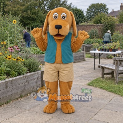 Tan Dog Mascot Costume with Teal Vest Tan Dog Mascot Costume with Teal Vest
